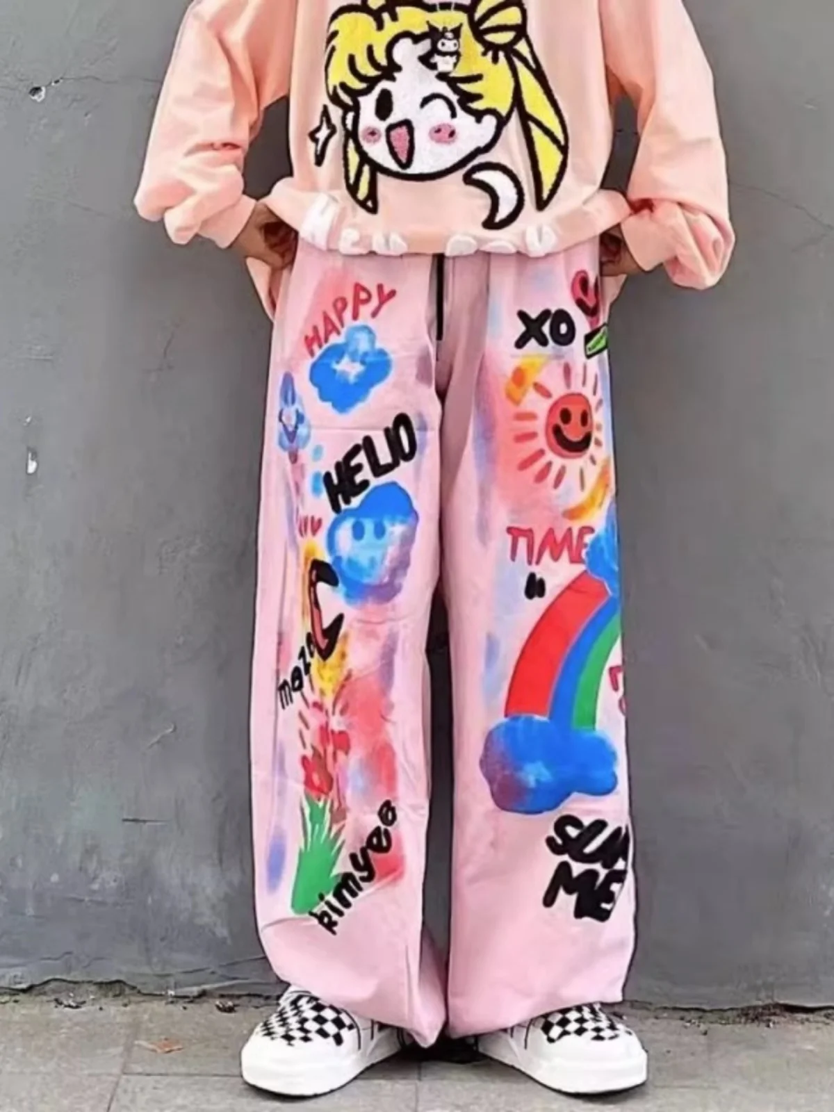 

Large Size 300 Pou Men's Casual Pants Spring Autumn Loose Wide Leg fiti Print American Retro Sports Trousers