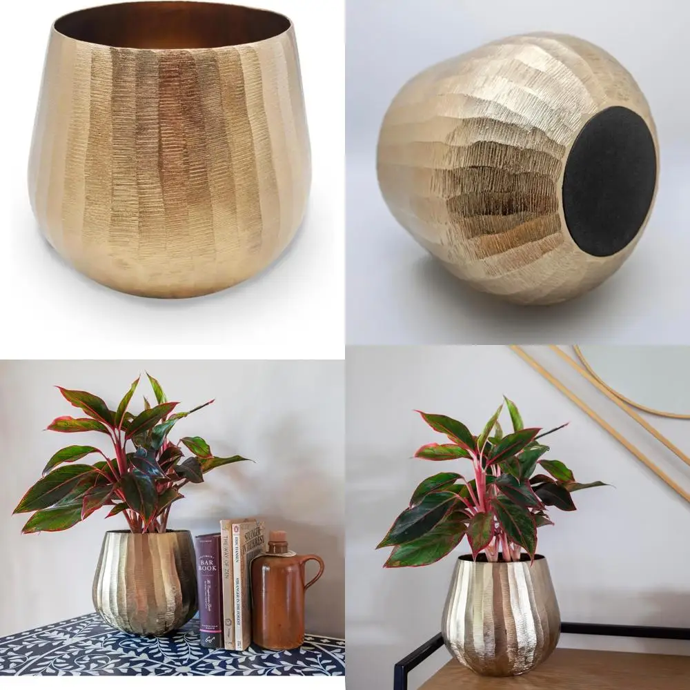

brass hammered planter for plants and succulents - modern, vintage, mid-century modern - gold colored decorative round metal flo