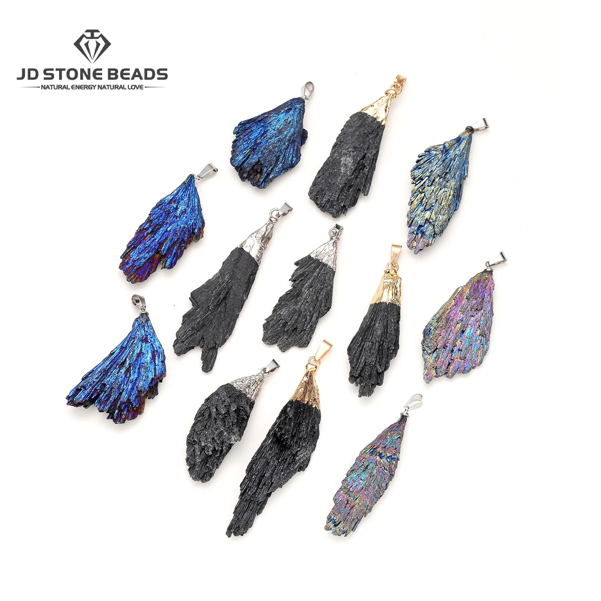 Natural Black Tourmaline Raw Stone Electroplated Iridescent Blue Feather Pendant For  Necklace DIY Jewelry Making Accessories