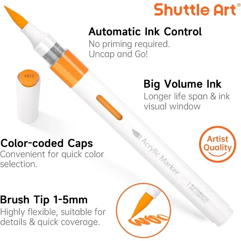 علامات طلاء أكريليك برأس فرشاة مكونة من 60 قطعة - أقلام فنية لمشاريع القماش المصنوعة من قماش الخشب والسيراميك الصخري