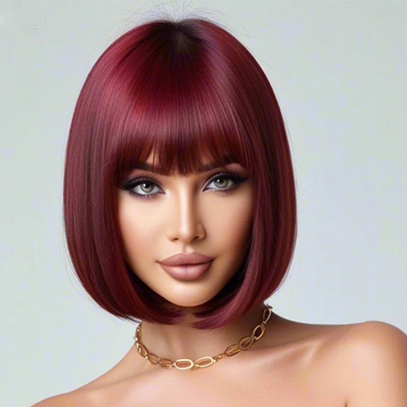 12 inch burgundy bob straight hair with bangs, synthetic high-temperature silk wig, heat-resistant heat-resistant, elegant styli image 3