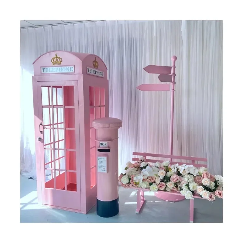 Pink Telephone Photo Booth Salon Photo Decoration Metal Telephone Booth Props TY211111-1