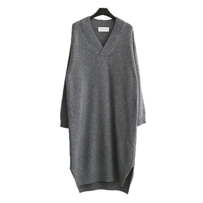 Los Gebreide V-hals Trui Jurk Knielange Onderkant Overhemd Over-Knie Lange Rok Grijze Kleur Vroege Herfst Nieuwe Stijl Koreaanse Fashio