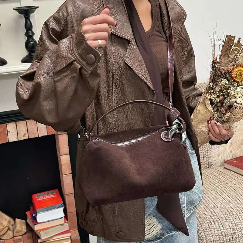 2024 New Women's bag, genuine leather, high-end feel, frosted suede handbag, commuting shoulder bag, crossbody bag