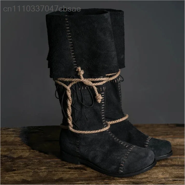 Vintage Medieval Renaissance Mid Calf Boots Hand Stitched Rope Wrap Design Retro Warrior Shoes Halloween Cosplay Pirate Boot