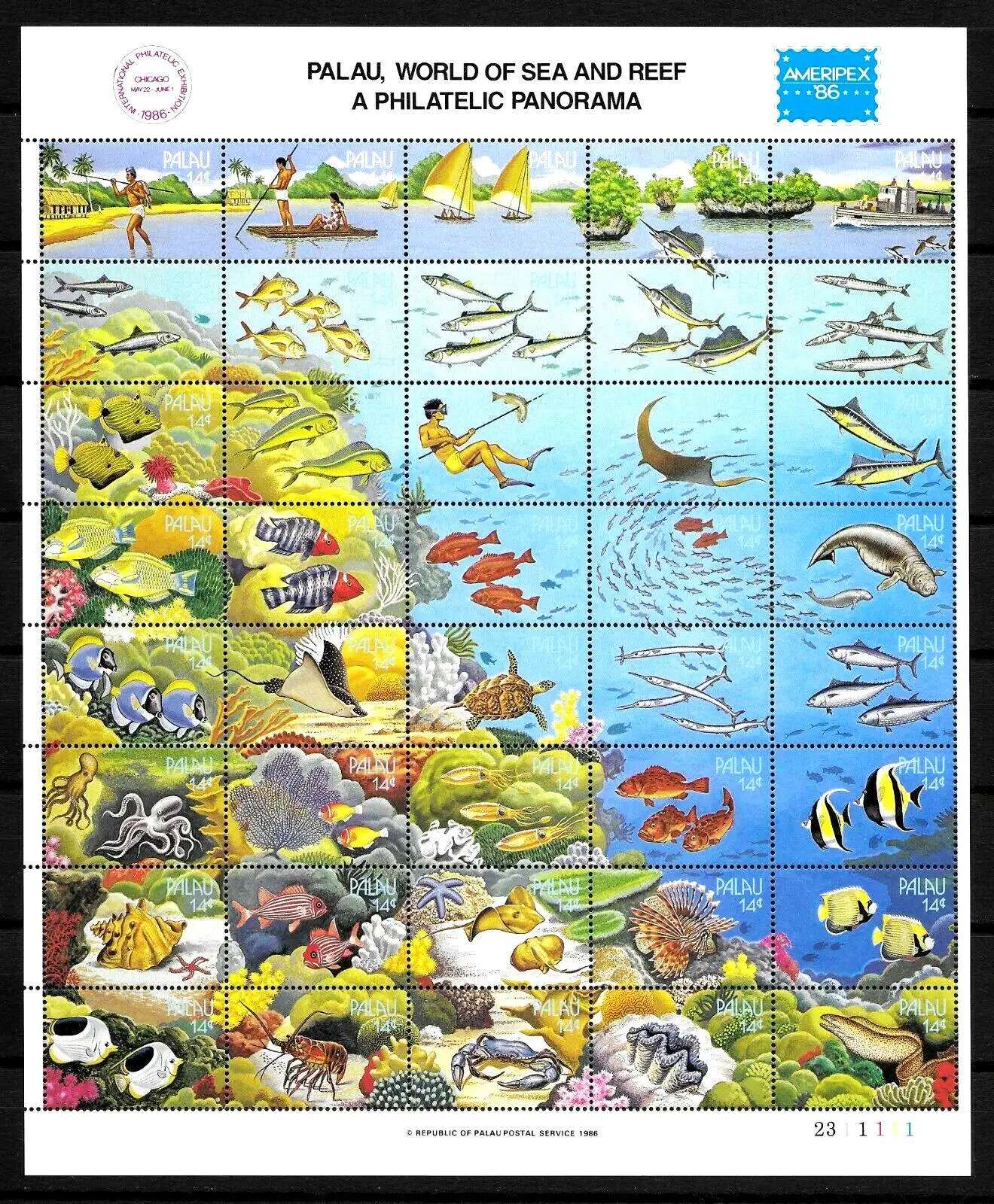 Sellos postales de Palau Y1986, vida marina, peces, coral, tortuga, 1 juego de 40 sellos postales coleccionables nuevos, material para álbum de recortes
