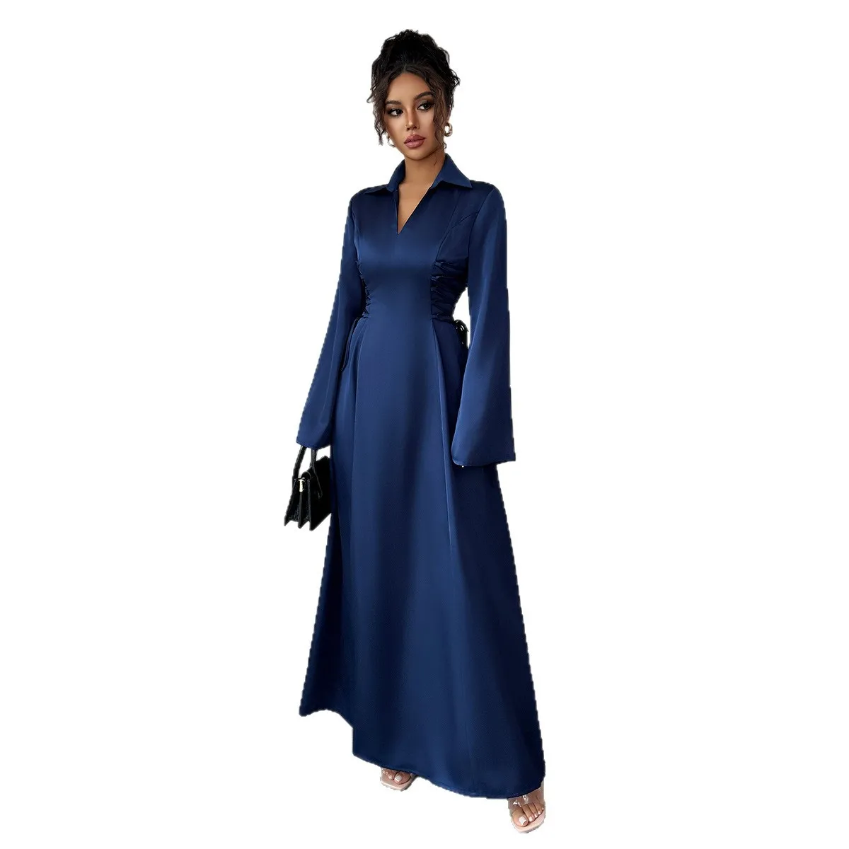 أنيقة عارضة نمط الراقية فستان بأكمام طويلة الخريف التلبيب بلون المرأة أنيقة الخصر Cinched ألف خط سليم صالح اللباس