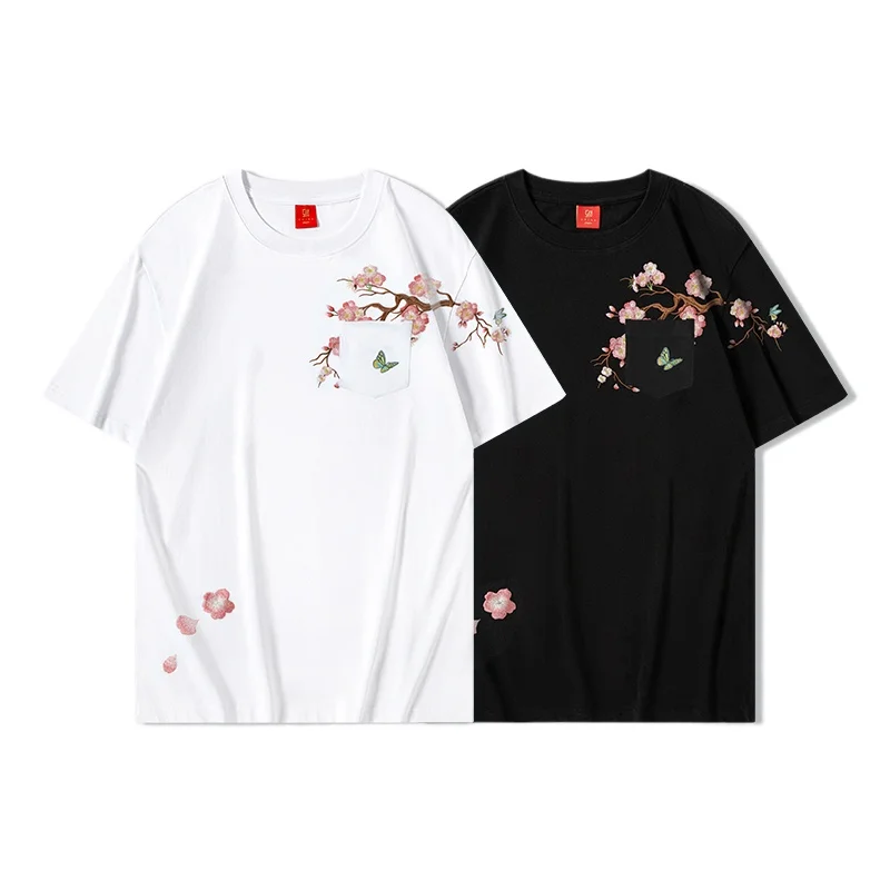 Summer Men T Shirt Harajuku Embroidery Flower Vintage T Shirt Cotton Short Sleeve Japanese Designer Tees Baggy Pocket Youth 2024