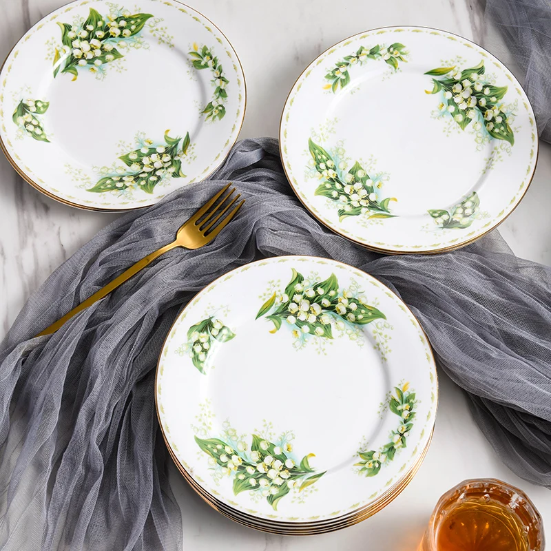 

Home bone china tableware, round plate, cold dish plate, creative cake plate, flat plate, light luxury Western dining plate
