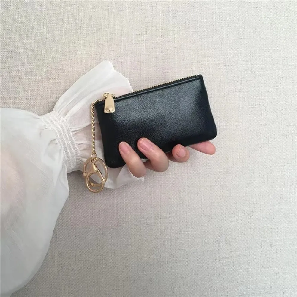 Fashion PU Leather Mini Coin Purse Solid Color Thin Small Zipper Bag with Metal Chain Keyring Key Bag