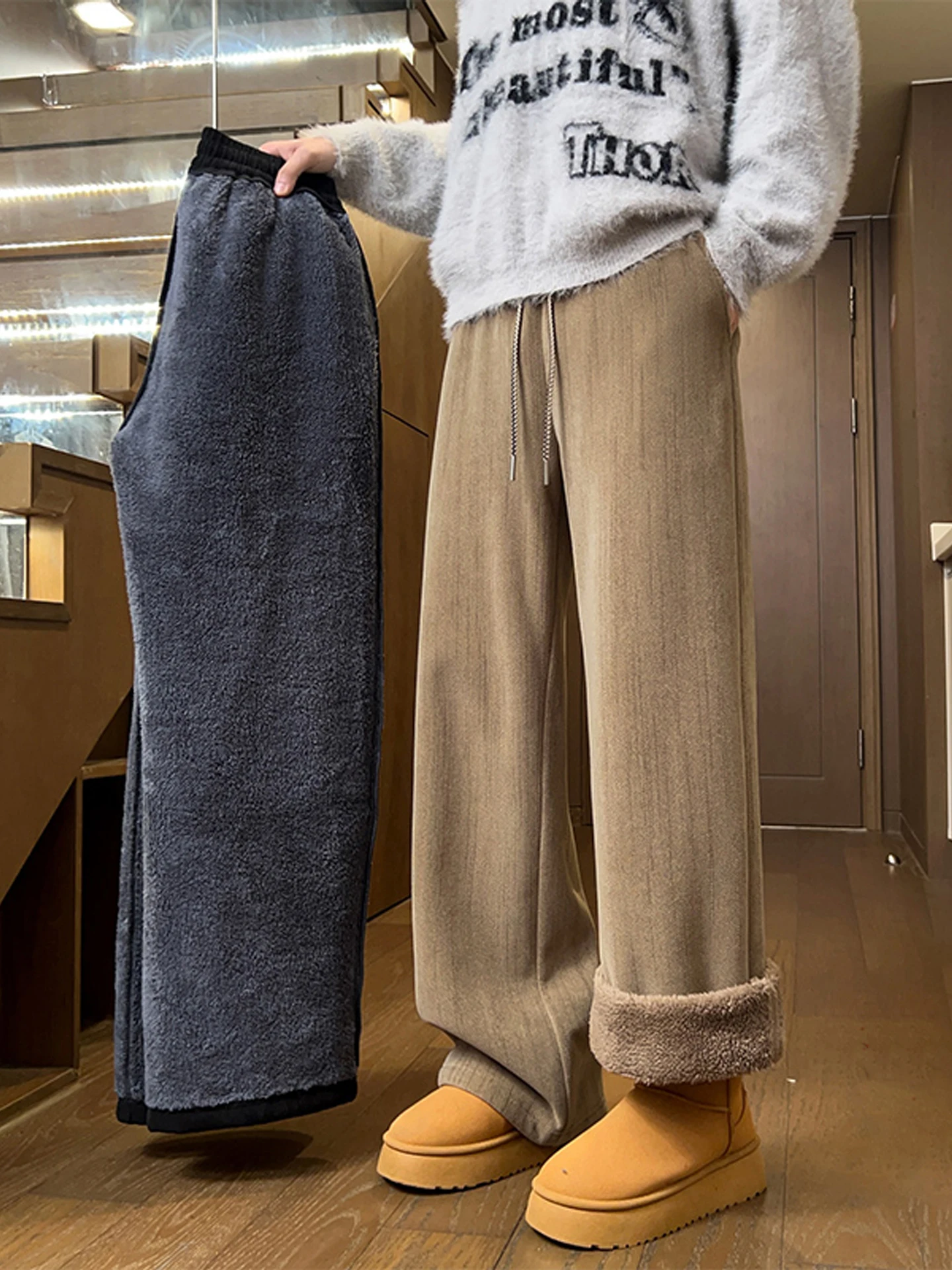 

Thiened Fce Straight Leg Casual Pants Men's Winter Warm Anti-Cold Trendy Brand Wide Leg Brown Coffee Pants New 2025