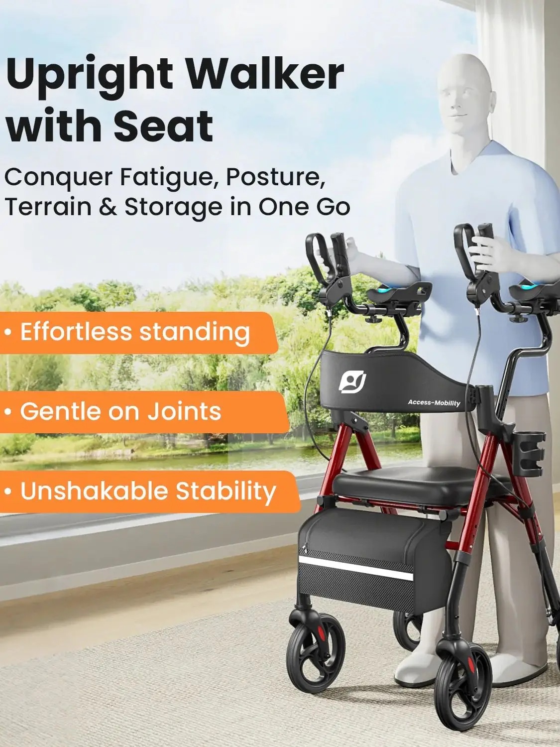 Staande rollator, staande rollator met gevoerde zitting en rugleuning, rollators voor senioren, opvouwbare rollator met zitting - afbeelding 2
