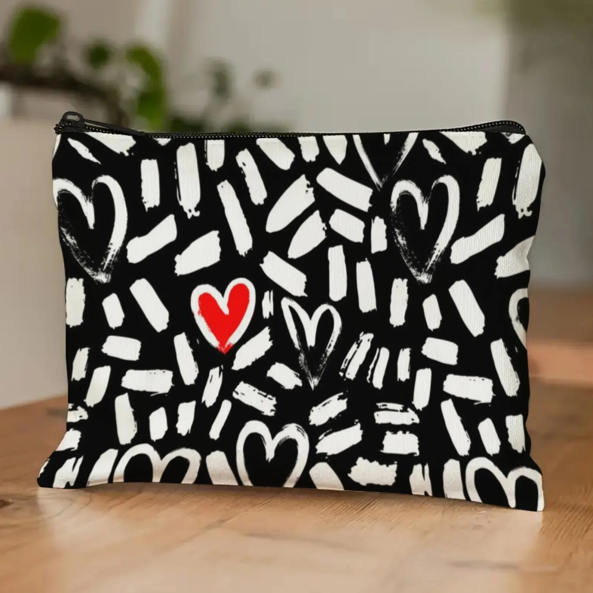 Red Heart Graffiti Cosmetic Bag Black & White Doodle Hearts with Red Accent Edgy Trendy Fashion Organizer Pouch for Art Lovers