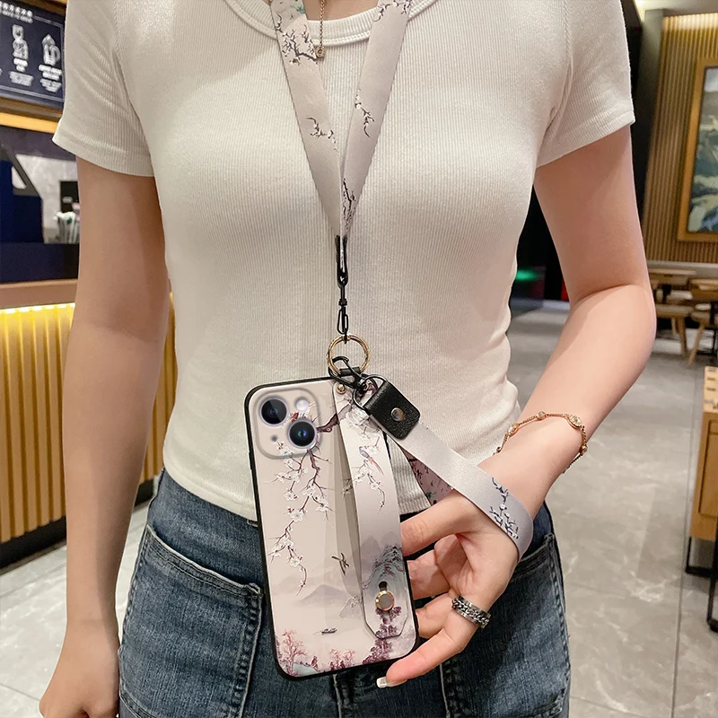 Coque de téléphone avec lanière à fleurs, étui arrière pour iPhone 16 17 15 14 13 12 11 Pro Max 16E Xs Max XR 7 8 Plus, dragonne, support de téléphone