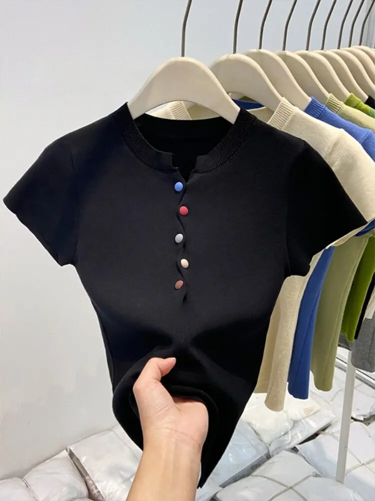 Trendy Figure Flattering Klein Blue Knit Tops 2026 Summer Dopamine Colorful Buttons Tee Slim Short Sleeve Women T-Shirt