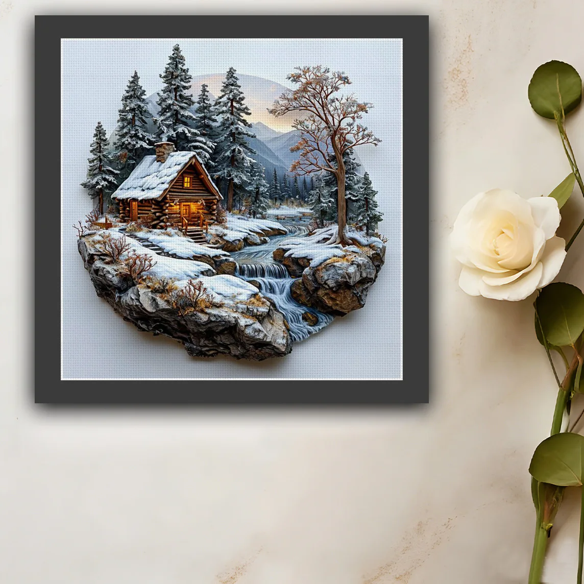 Snowy Stream Cottage Cross Stitch Kit DIY 11CT Embroidery Home Wall Decor Gift Handmade Material Frameless Semi-Finished 36×36cm - view 3