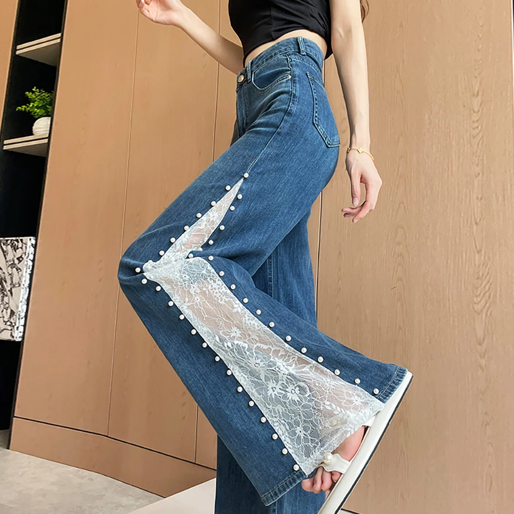 Jeans Kaki Lebar Tambal Sulam Renda untuk Wanita Celana Denim Desain Manik-manik Pinggang Tinggi Mode 2025 Celana Panjang Sutra Es Longgar Lurus Baru