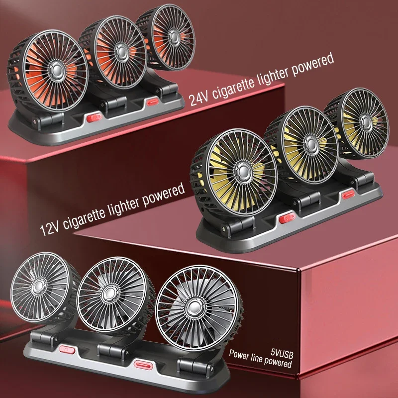 

Car Cooling Fan 360° Adjustable Three-Head Car Fan 5V/12V/24V Brushless Low Noise Automotive Electric Fan for Dashboard RV Truck