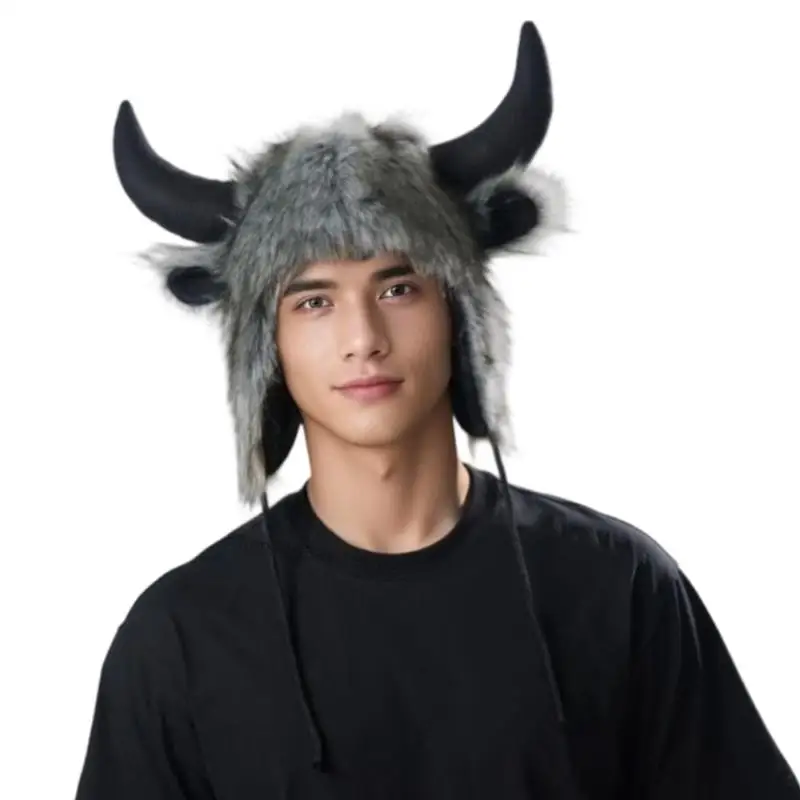 

Кепка с рогом быка в стиле аниме для взрослых подростков, ветрозащитный теплый головной убор, пуловер, шапка с наушниками для