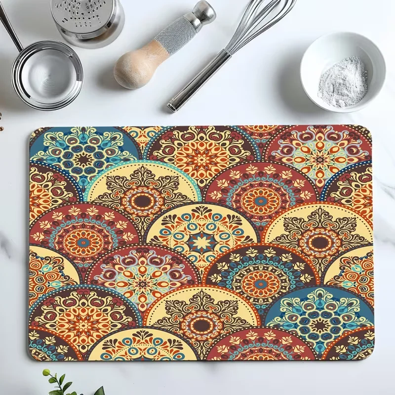 Boho Mandala Scallop Fast Drying Mat Super Absorbent Tableware Countertop Pad Heat Resistant Kitchen Placemat Pad  coasters