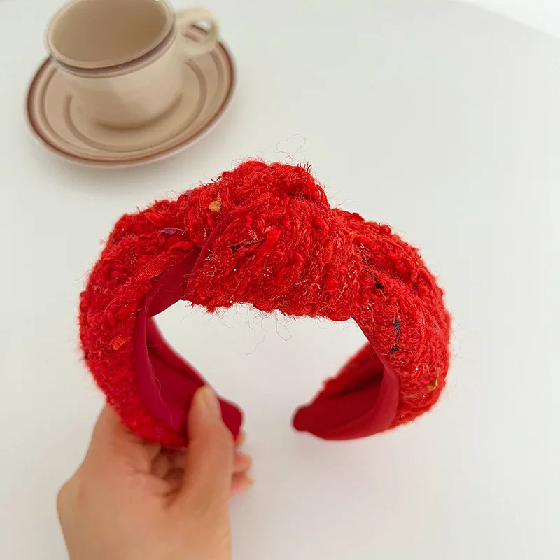 Women Girls Red Woolen Plaid Knot Hairband Headband Adult Hair Accessories Hair Jewley