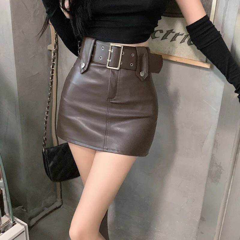 

Y2K Belt Pu Leather Mini Skirt Women Streetwear Sexy Black Wrap Skirts Summer Vintage Korean High Waist Slim A Line Skirt New