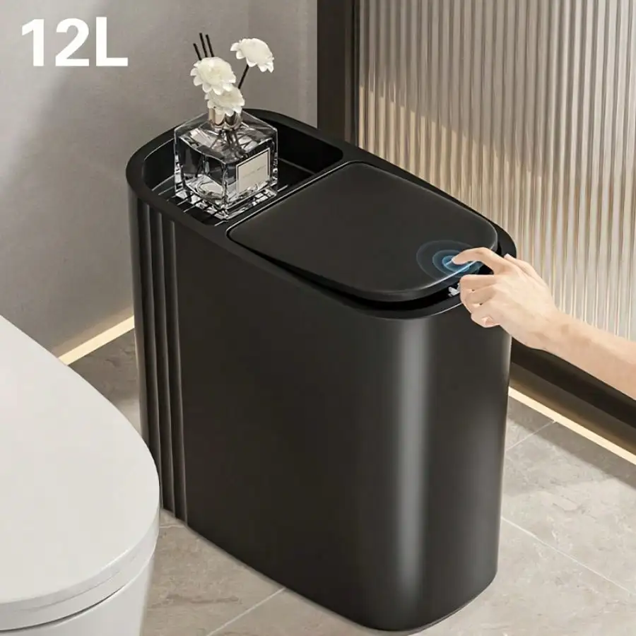 3.17gal Elegant Black Trash Can With One-Click Lid Release, Odor-Resistant Seal, Durable Plastic, Perfect For Bathroom And Home - Stylish Design, Easy To Clean, Bathroom Trash Can | Modern Trash Can | Plastic Construction, Bathroom Trash Can