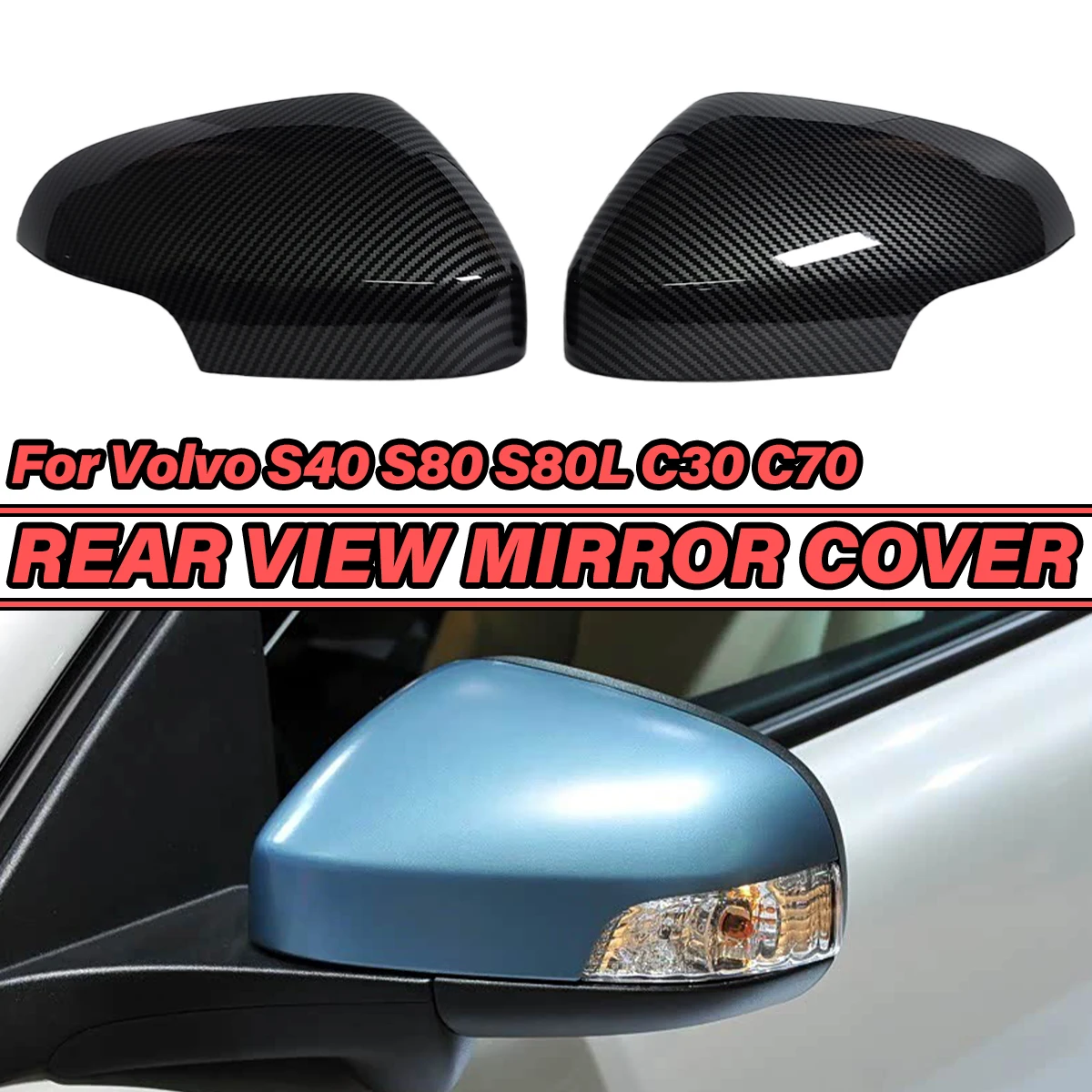 Para Volvo S40 S80 S80L C30 C70 cubierta de espejo retrovisor lateral de coche tapas de espejo de repuesto adornos negro brillante/aspecto de fibra de carbono