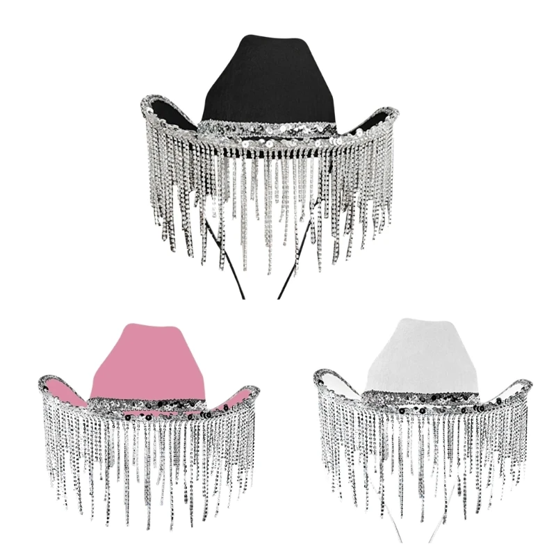 

Cowgirl Hat Sequins Rhinestones Fringe Glitter Hats for Halloween Dress Up Cosplays Party Costume Accessories DXAA