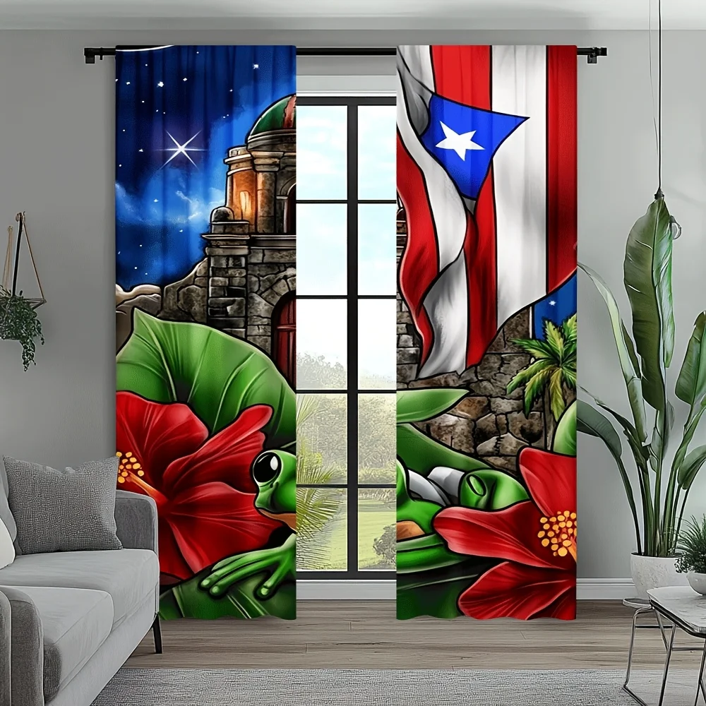 Puerto Rico Flag Curtains, Coqui Frog Hibiscus Graphic Window Drapes, Caribbean Home Decor, Blackout Fabric for Living Room
