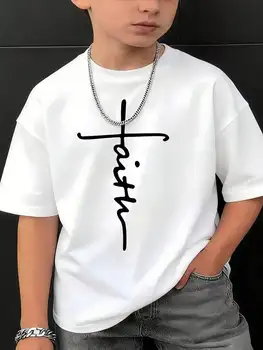 1pc Kids' Faith Cross Print White TShirt Crew Neck Casual Cotton Tee Medium Stretch Knit Fabric Regular Fit For Boys Girls Child