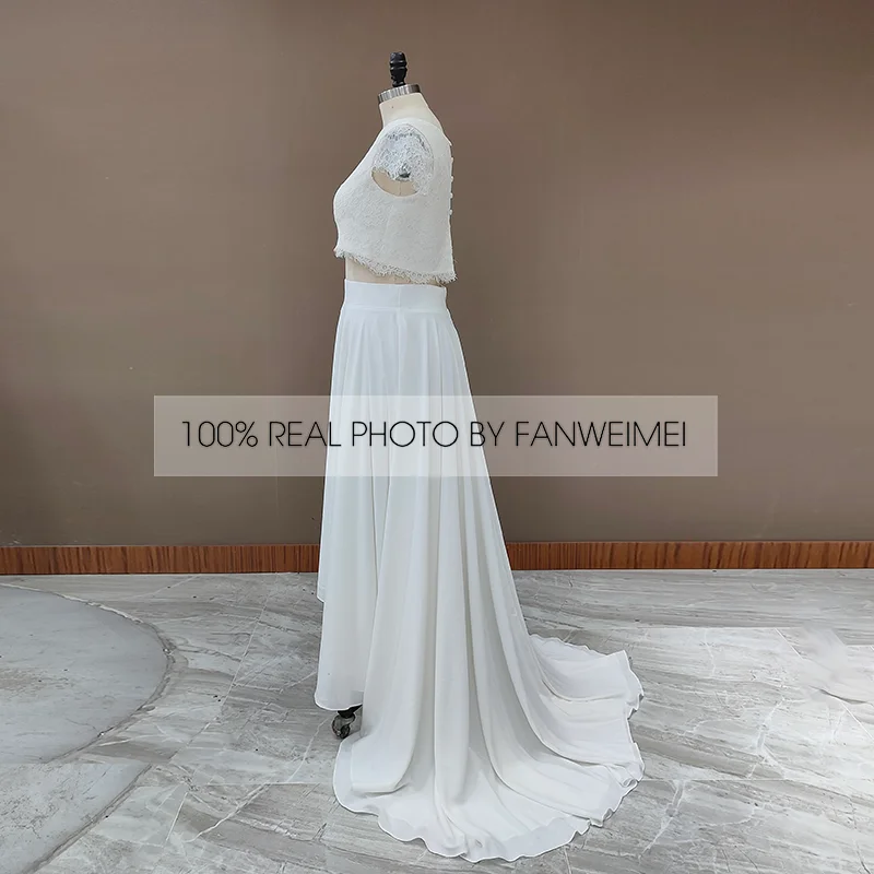 9399 #   Personalizado duas peças vestidos de casamento renda superior manga curta vestido de noiva jóia pescoço praia vestido de casamento vestidos de novia