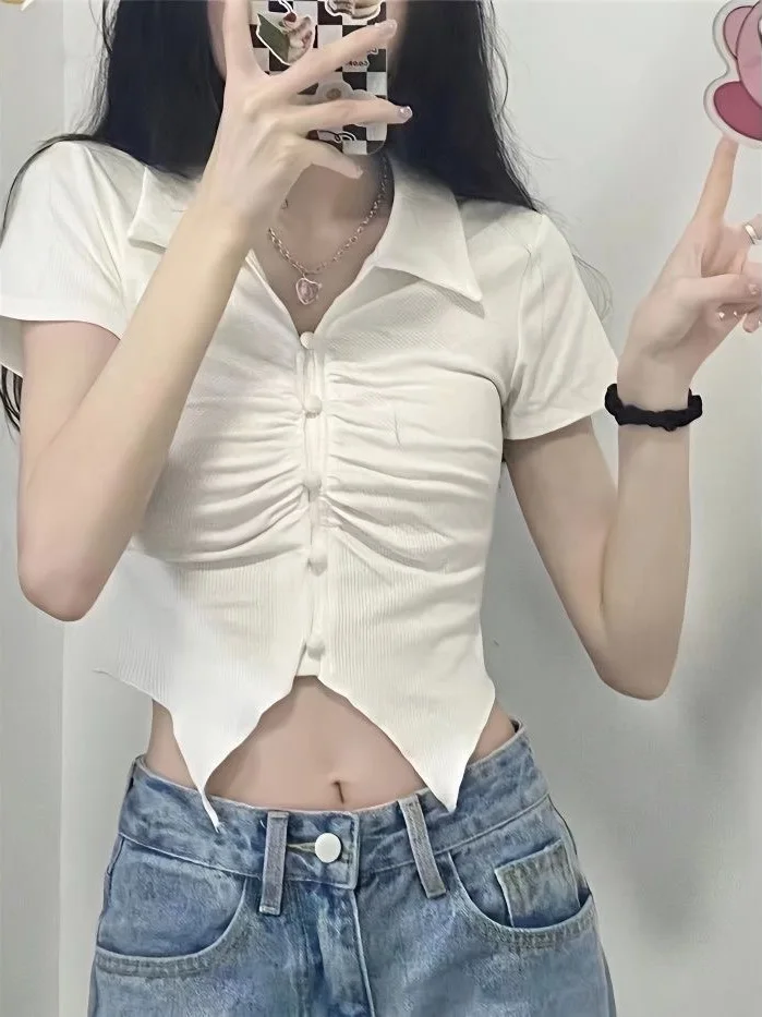 Sweet And Spicy Style White Short Sleeve T-Shirt Women's Summer 2026 New Turn Collar Gathered Slim Fit Short Length Belly Bar...