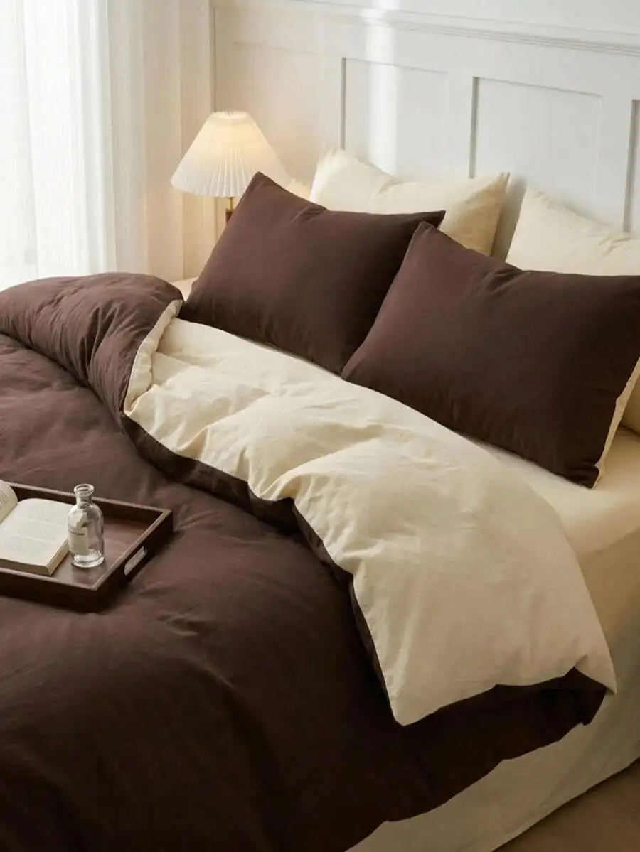 Deep Brown & Khaki Two-Tone Minimalist Comfortable Soft Skin-Friendly Duvet Cover Set 3pcs (1*Duvet Cover + 2*Pillowcases, No Fi
