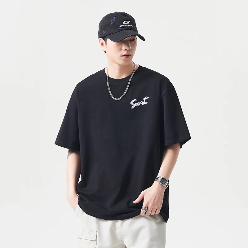 

Heavyweight Pure Cotton ort Sve Men's T-irt Loose Fit round Ne f Sve Summer Thin Casual Printed T-irt