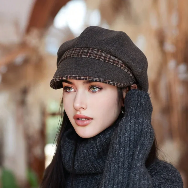 Women Octagonal Hat Autumn Winter Korean Style Elegant Fashionable Versatile Cycling Park Walking Dating Headwear