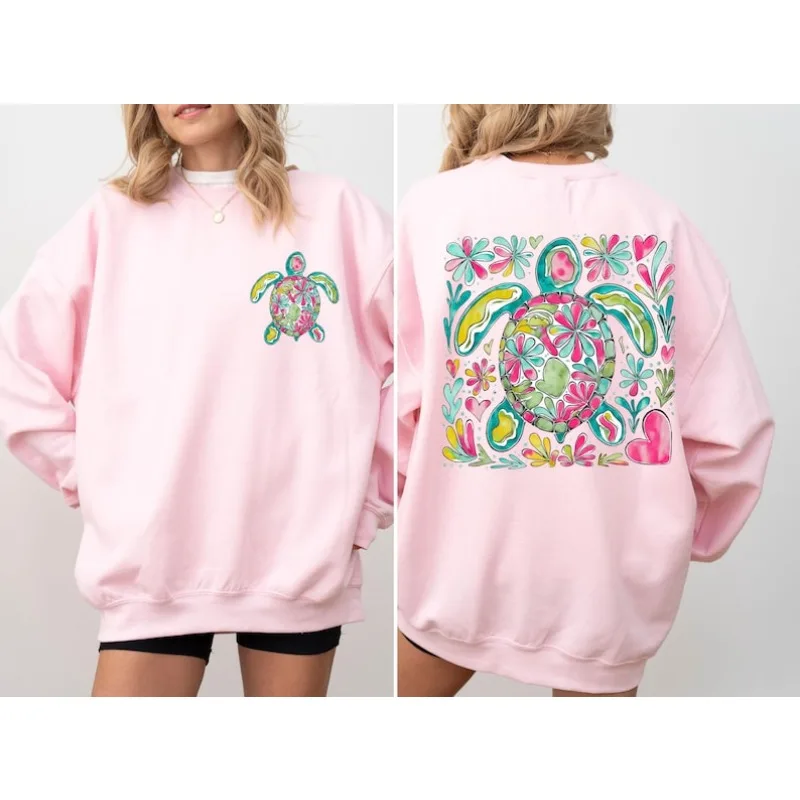 Floral Turtle Sweatshirt Creative Design Floral Printed Clothing Watercolor Turtle Women Casual Pullover Ocean Lover Sweatshirt