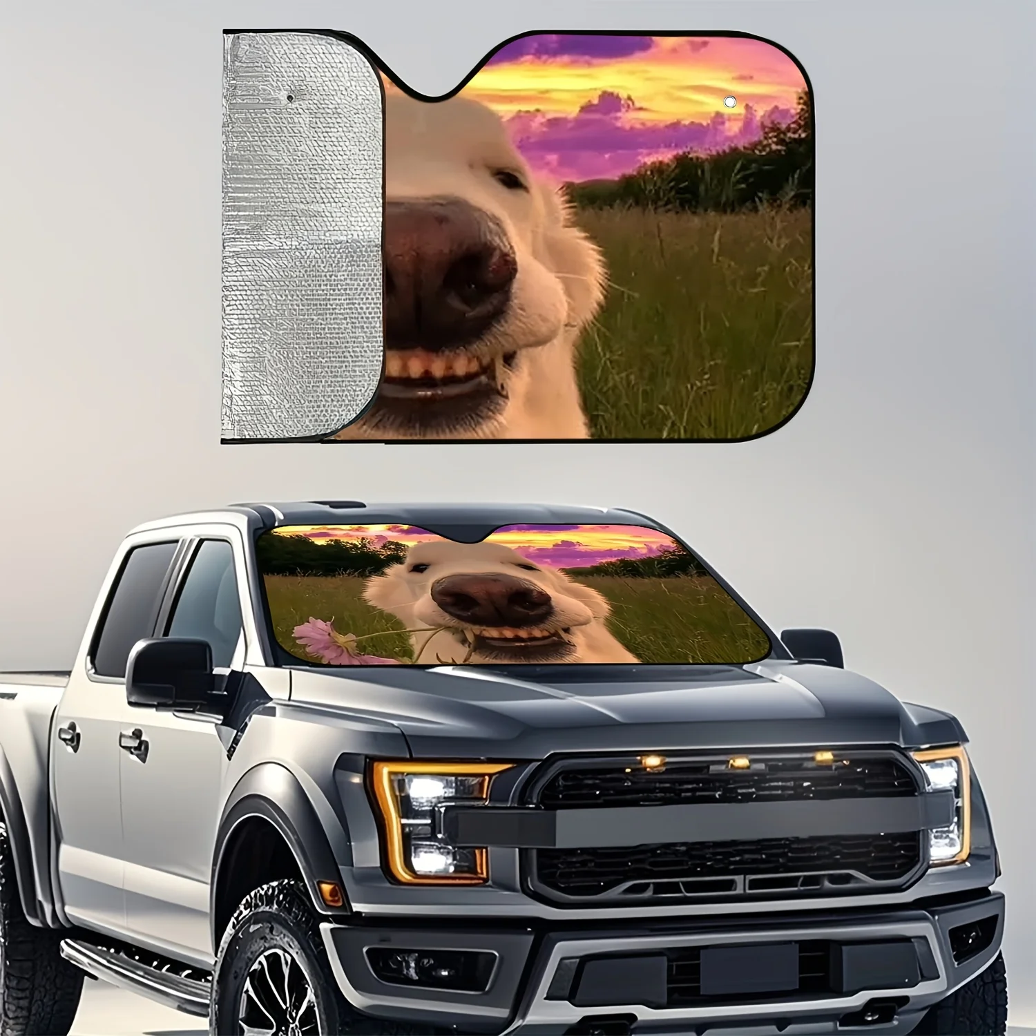 1pc Cute Smiling Dog Windshield Sunshade Printed with Playful Puppy Holding Flowers Design Featuring Efficient UV Protection