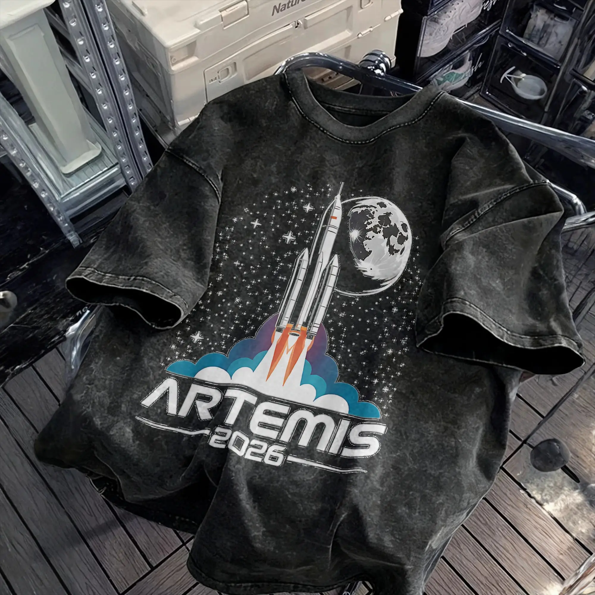 Awesome Artemis Launch to The Moon T-Shirts for Men Round Collar Pure Cotton Washed T Shirts  Short Sleeve Tees Plus Size Tops