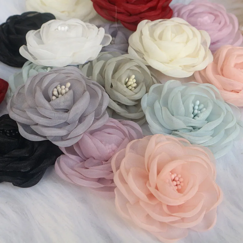 10PCS/Lot 5.5CM 3D Organza Chiffon Fabric Cored Artificial Rose Flower For Wedding Dress Hats Decoration DIY Sewing Applique
