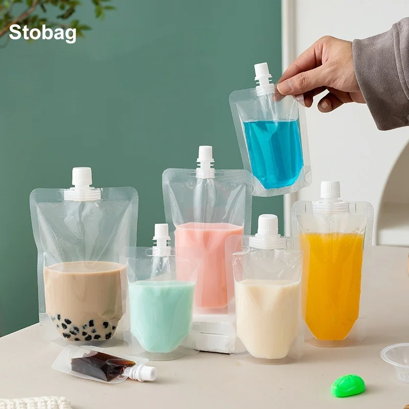 

StoBag 100 шт., оптовая продажа, прозрачная упаковка для жидкости, сумки с насадками для питья, прозрачный сок, напиток, герметичный многоразовый чехол для хранения