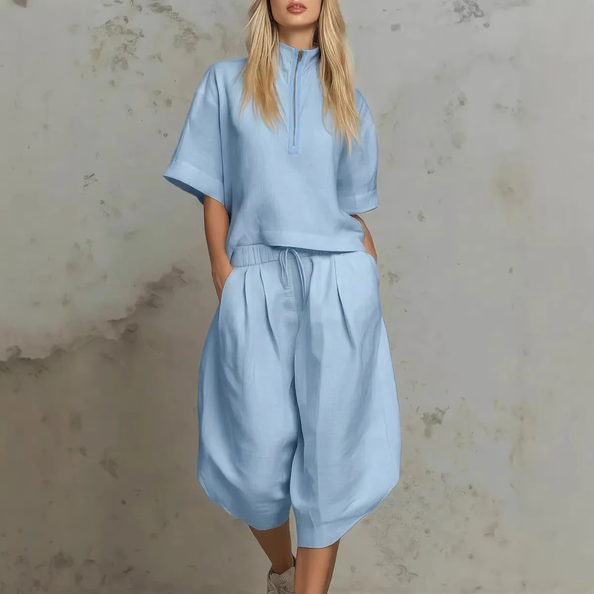 Women Fashion 2 Piece Set New Half Zip Short Sleeve Top + Casual Shorts Sprot Set Summer Loose High Street Daily Outfit Vacation