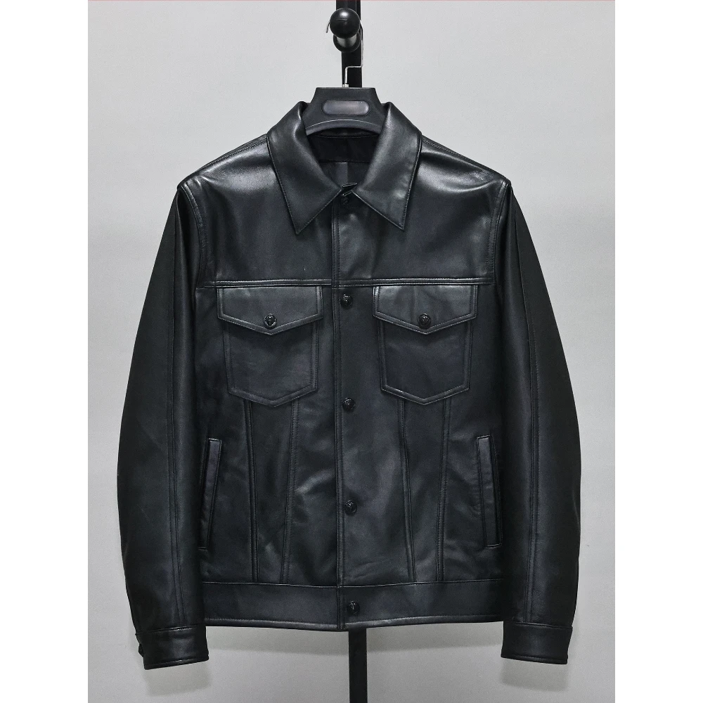 3xl Light Wash Distressed First Layer Sheep Leather Jacket Men's Pockets Silm Short Casual Lapel Denim Jacket Outwear Plus Size