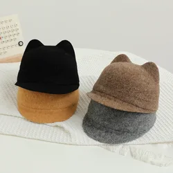 Winter Wool Felt Baby Hat Cute Cat Ears Toddler Boys Girls Equestrian Cap Solid Color Warm Kids Duck Tongue Caps