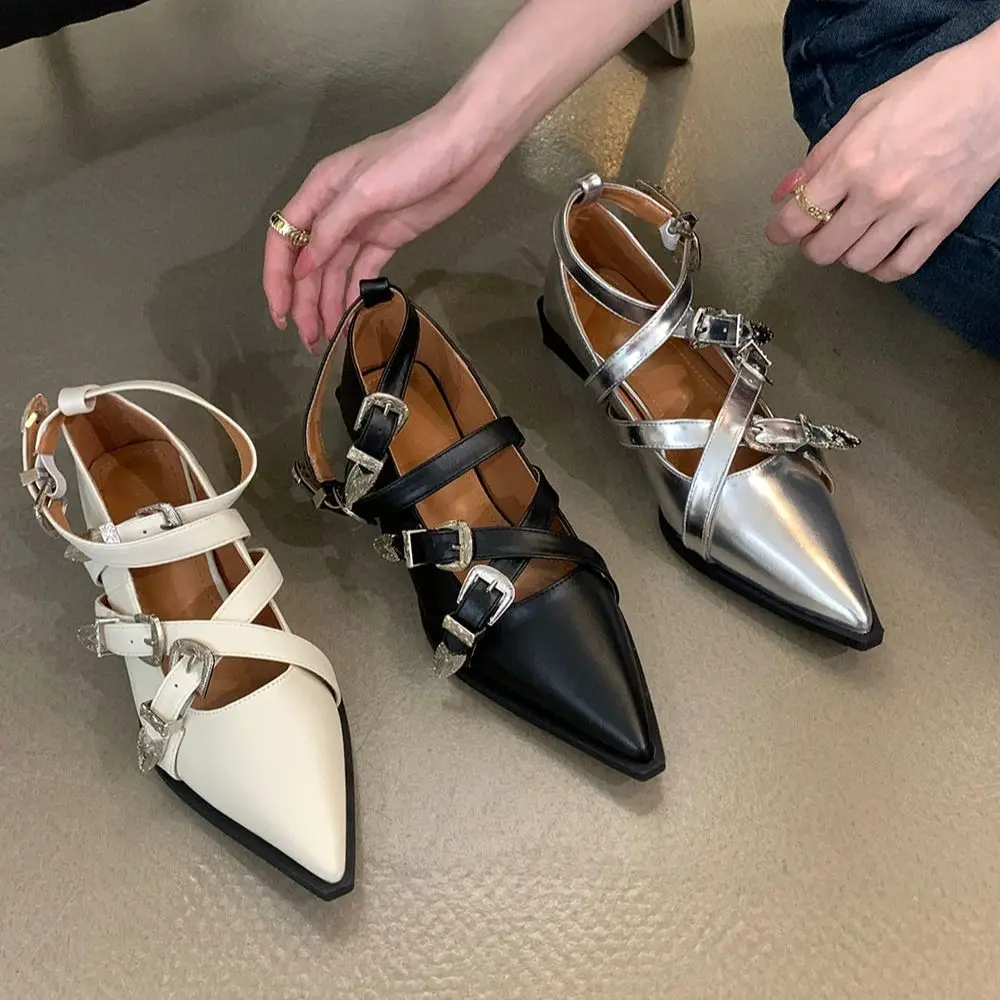 Pointed Toe Women Flat Loafers Belt Buckle Autumn Spring Fashion Party Pumps Black White Silver Loafers Shoes Low Heels 35-39