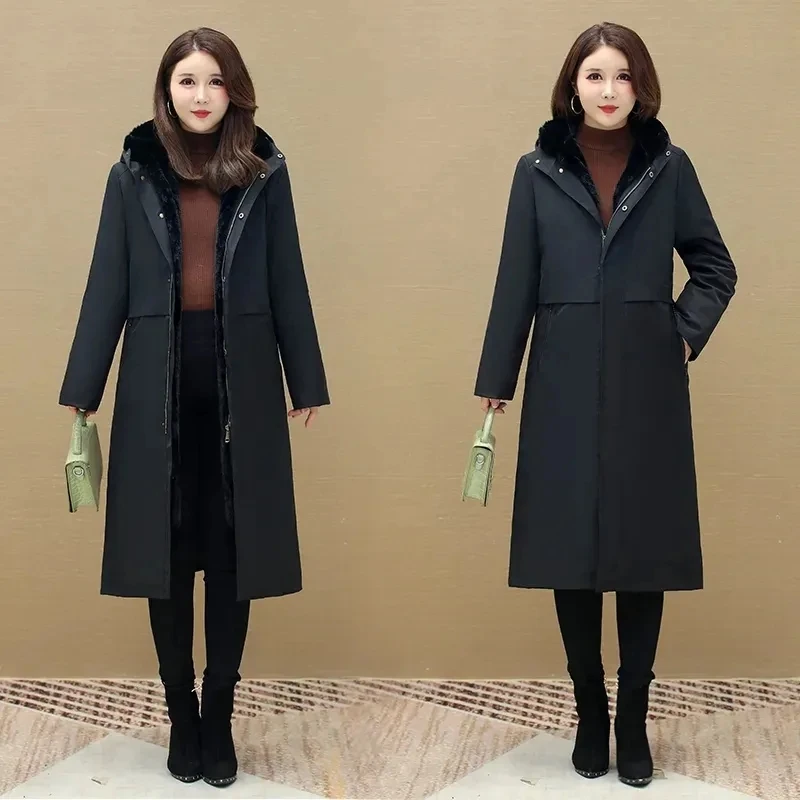 Giacca Parka con cappuccio da donna nuova invernale fodera in pelliccia di visone cappotto imbottito staccabile imita la pelliccia integrata lungo Overwear top femminile