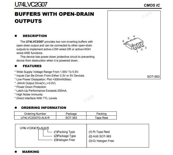 (100 pcs) U74LVC2G07G-AL6-R SOT-363 U74LVC2G07G-AL6-R - Dual Non-Inverting Buffer Open-Drain Output 1.65V-5.5V 24mA