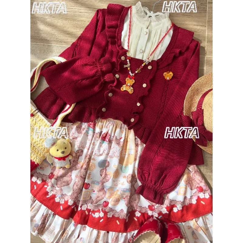 

Оригинальный короткий свитер в стиле Лолиты, кардиган, студенческий свитер для девочек, винтажная милая вязаная куртка с рюшами и длинными рукавами, зимняя одежда