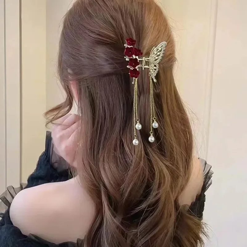 Hai Krabben Clips Mädchen Haarnadel Haar Zubehör koreanische Frauen Kristall einfache Haars pange Schmetterling Perle Quaste Haars pange