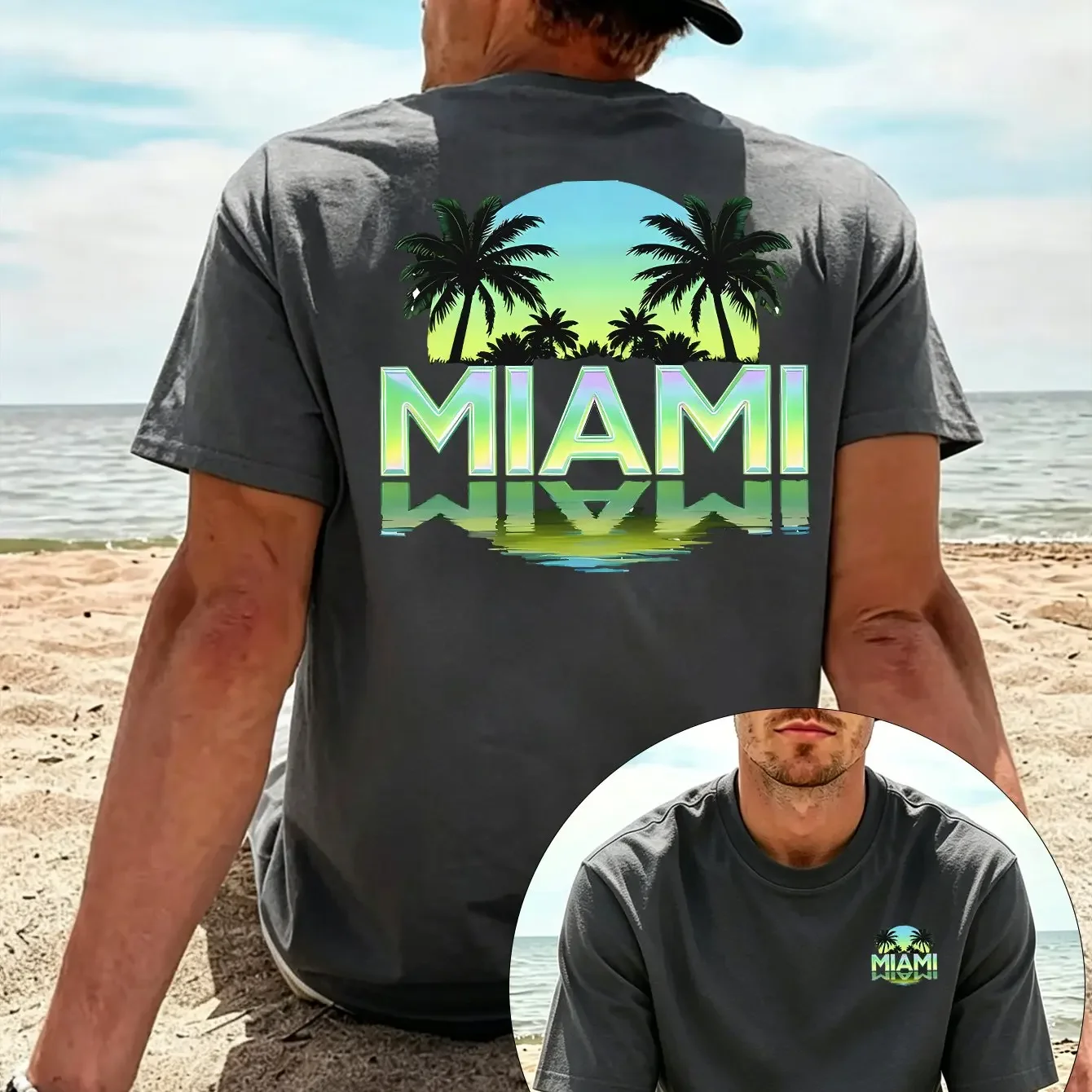 Men 100% Cotton Tropical Beach T Shirt Miami Florida Travel Graphic Print Vintage Casual Streetwear Summer Short Sleeve Tee
